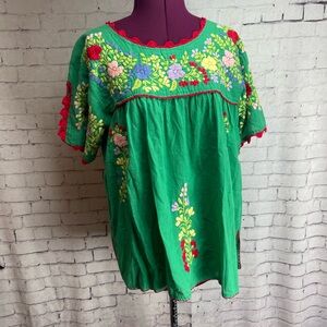 Siren size XL Lijera Libre cotton blouse green with colorful embroidery